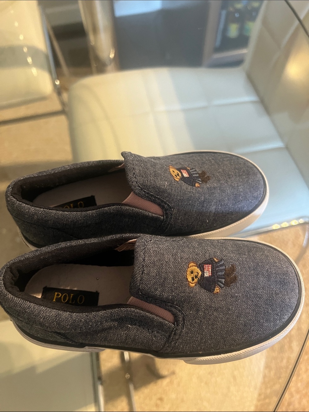 Kids toddlers Polo by Ralph Lauren Navy Slip-On Sneakers with Bear Motif